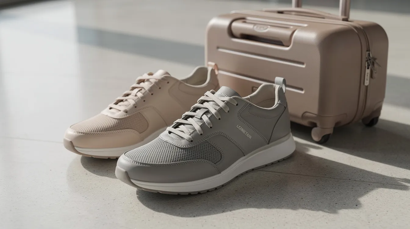 A close-up image features two pairs of versatile travel shoes in neutral colors, neatly placed beside a small carry-on bag, emphasizing the idea of packing light for travel. This arrangement highlights how travelers can create multiple outfits while saving space in their luggage.