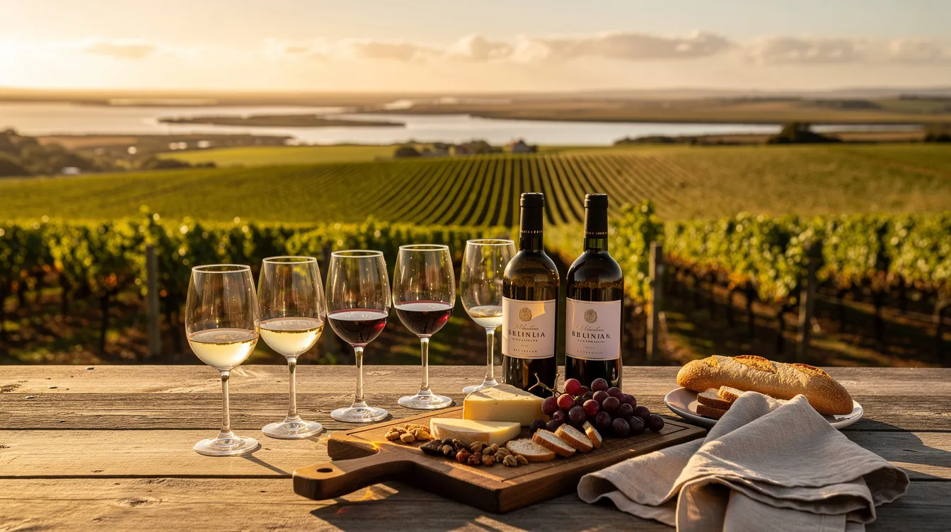 An outdoor wine tasting setup is nestled among lush vineyards, bathed in warm afternoon light, showcasing a picturesque Delta landscape. The scene captures the beauty of grapevines at various stages of berry development, highlighting the importance of veraison as the grapes transition from green to red, indicating their journey towards optimal ripeness for winemaking.