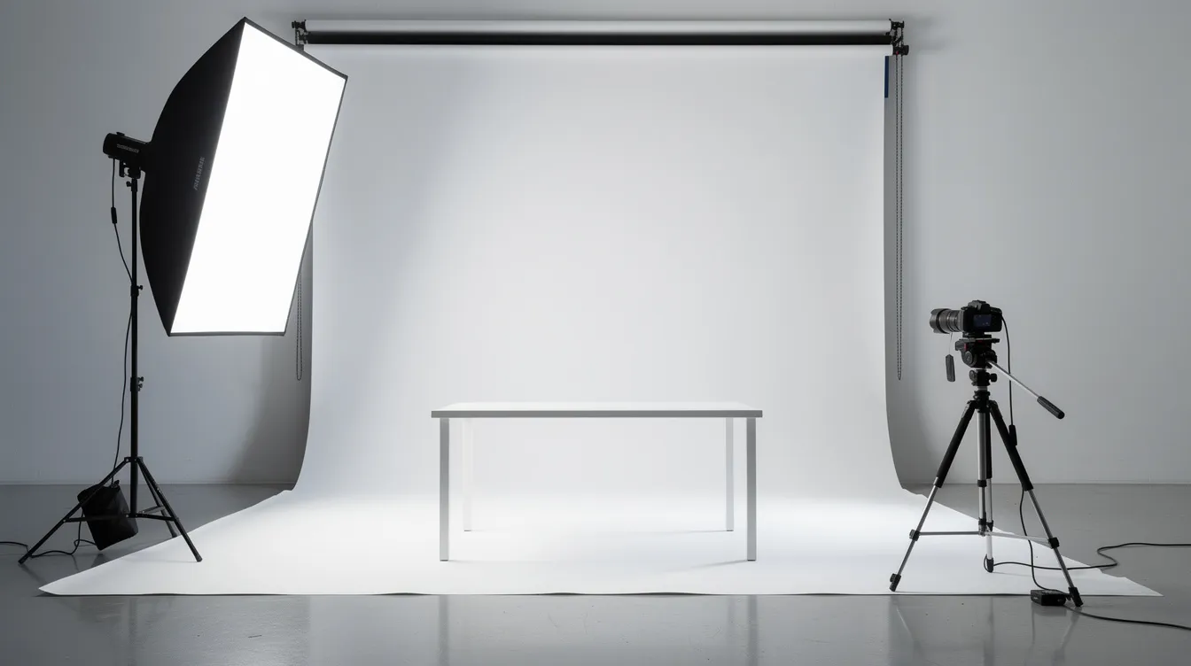 Das Bild zeigt ein professionelles Produktfotografie-Setup mit einer Softbox und einem weißen Hintergrund, ideal für Verkäufer, die ihre Artikel auf eBay präsentieren möchten. Die Softbox sorgt für gleichmäßige Beleuchtung, um die Produkte optimal in Szene zu setzen und die Qualität der Fotos zu verbessern.