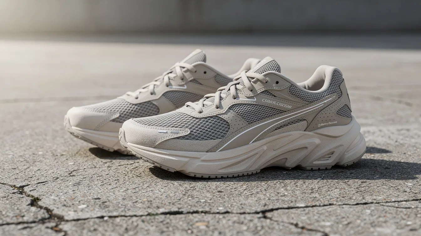 A pair of thick-soled running shoes is shown from the side, resting on a concrete surface, showcasing their supportive design ideal for alleviating plantar fasciitis symptoms and providing comfort during daily wear. The shoes feature good arch support and cushioning to relieve heel pain and enhance foot health.