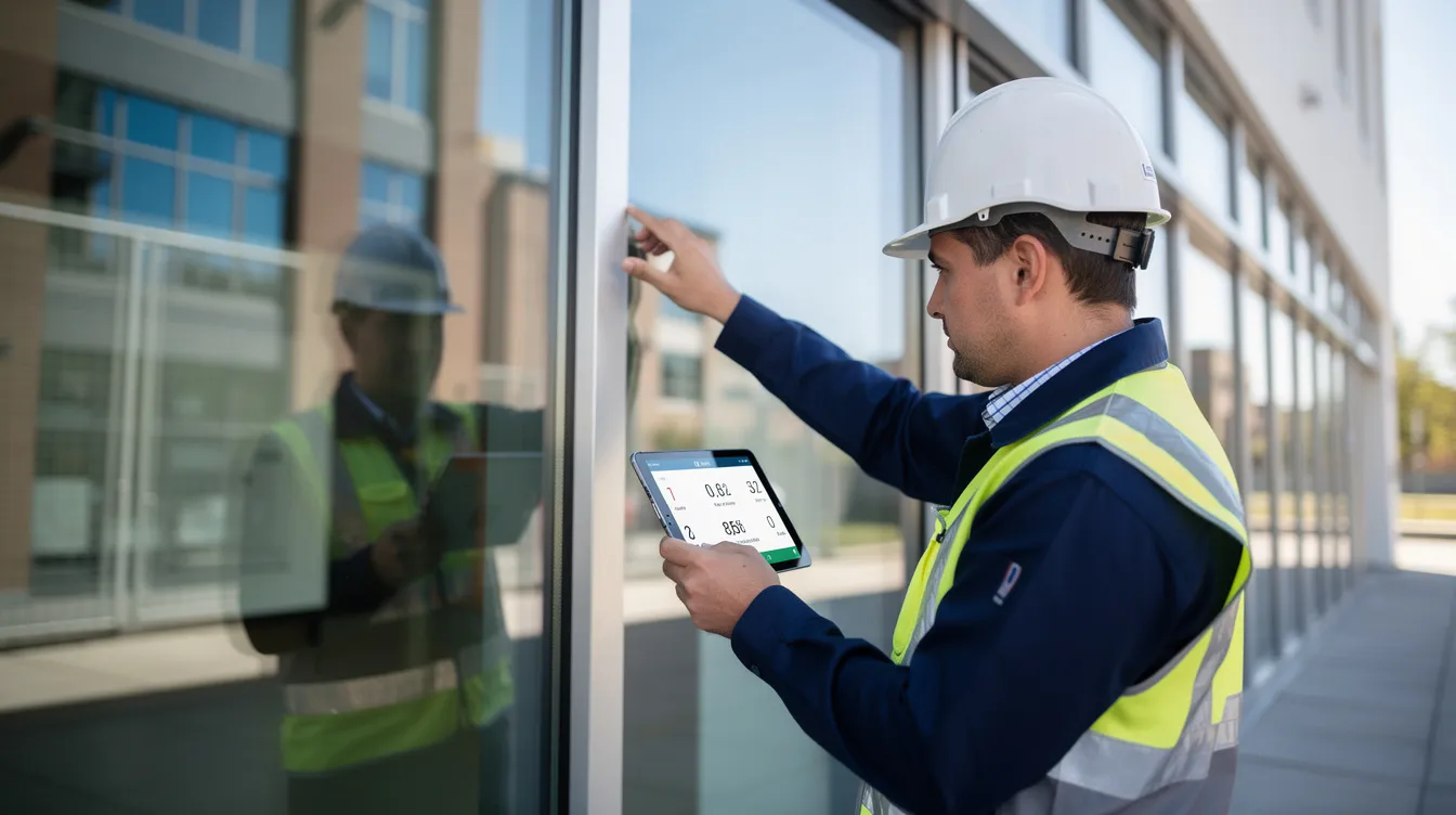 A technician is using a tablet device to measure and photograph a large window on a commercial building, demonstrating the integration of technology in service delivery for franchise locations. This process highlights the importance of operational efficiency and local market knowledge within a scalable franchise model.