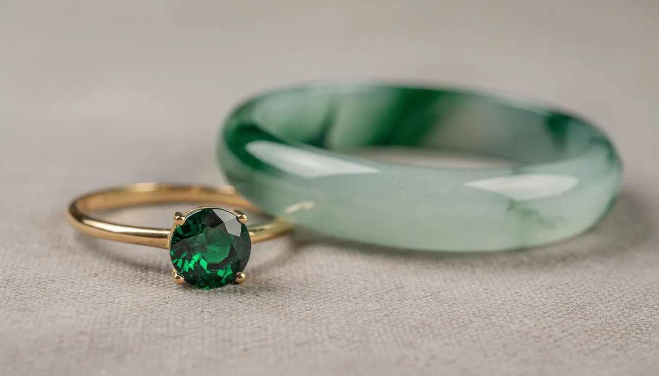 A close-up photograph showcases a stunning green emerald ring with faceted details, positioned next to a polished jadeite bangle, both resting on a neutral fabric background. The vivid green color of the emerald contrasts beautifully with the more muted tones of the jade, highlighting the iconic green gemstones' unique characteristics and cultural significance.