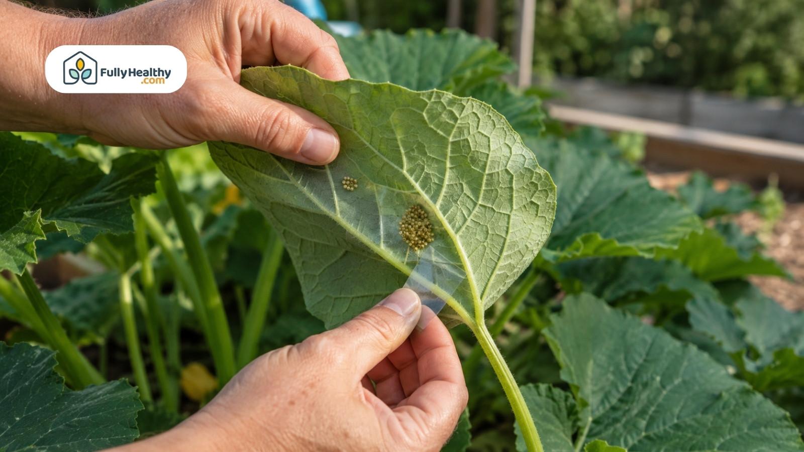 Gardener inspecting squash bug eggs under leaf in sunny vegetable garden