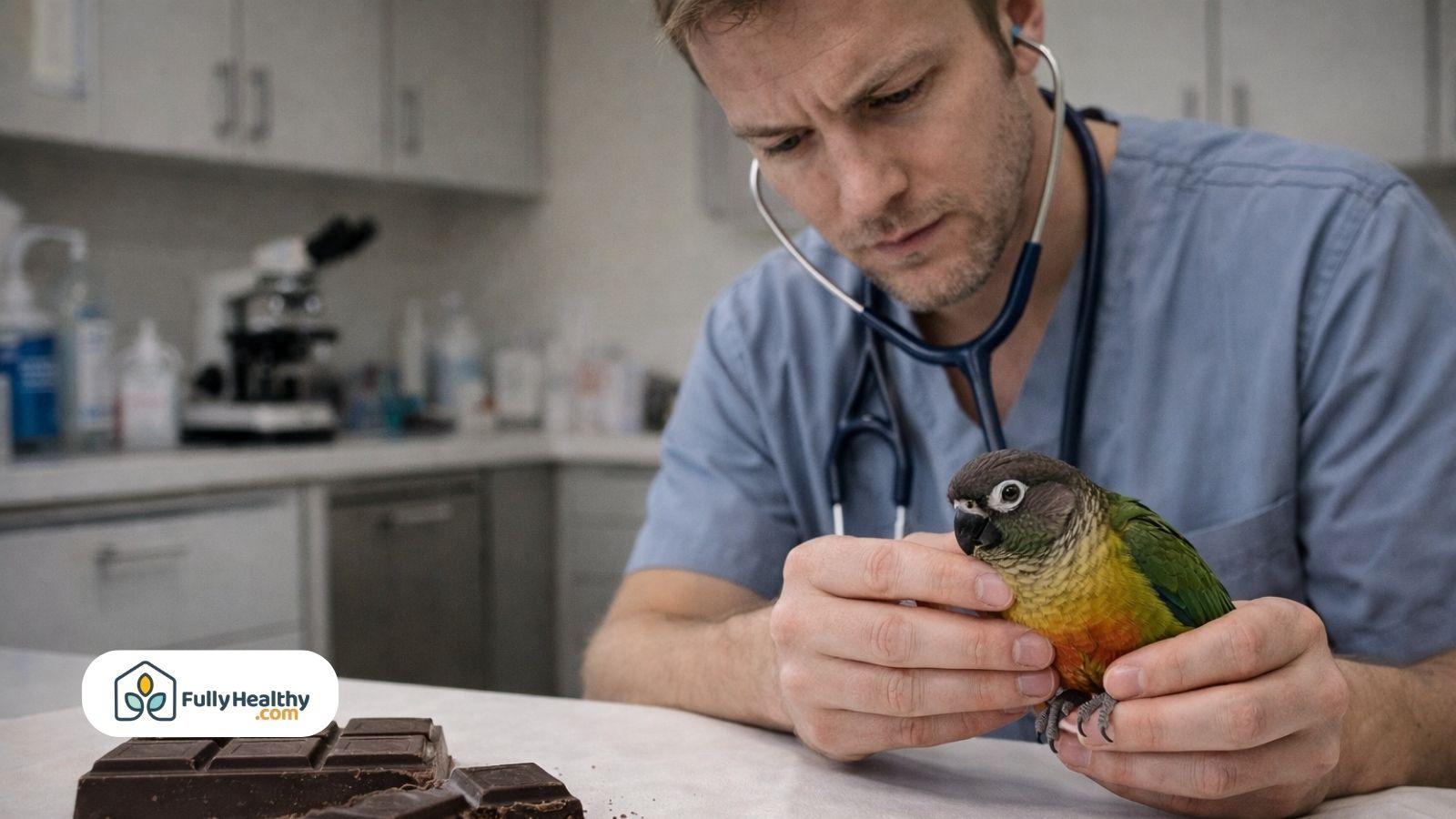 Veterinarian examining small parrot near chocolate in clinical setting