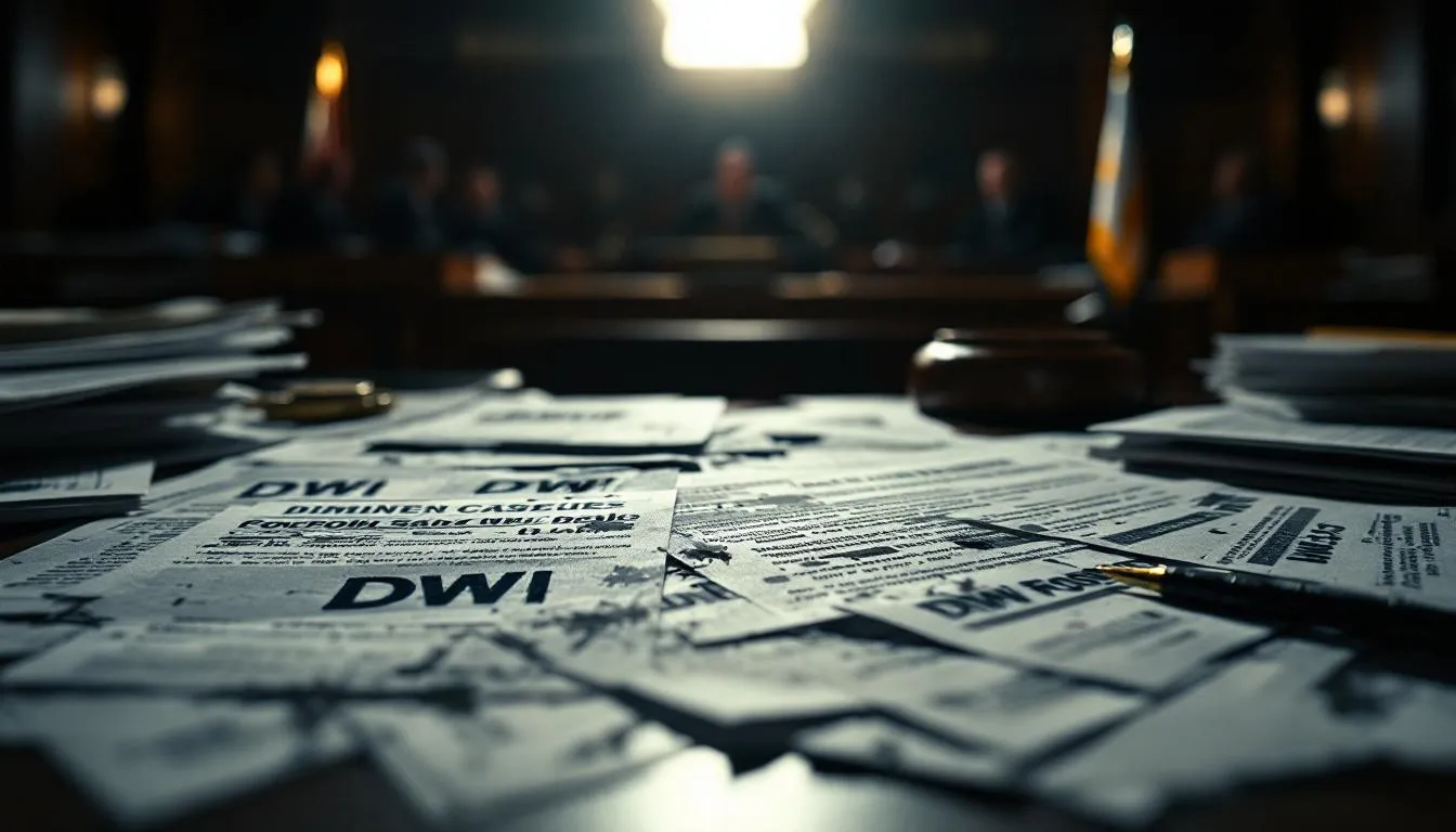A blurred image of legal documents related to DWI cases.