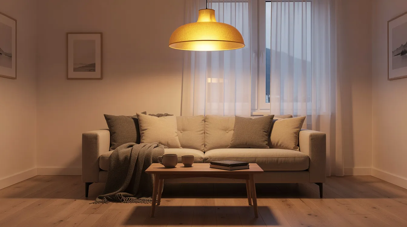En mysig hängande takpendel i glas sprider ett varmt och riktat ljus över en modern soffa i ett skandinaviskt vardagsrum. Belysningen skapar en inbjudande atmosfär och blir en stilfull mittpunkt i rummet.