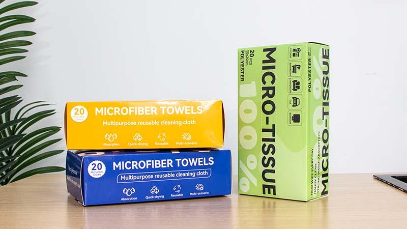 Customizable packaging for microfiber tissues and towels
