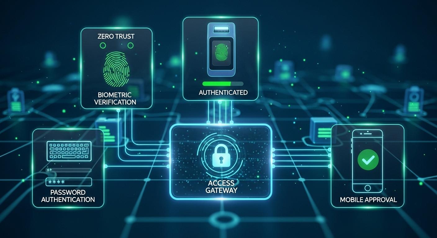 Zero Trust security system requiring multiple authentication factors including password, biometric verification, and mobile approval before granting access.