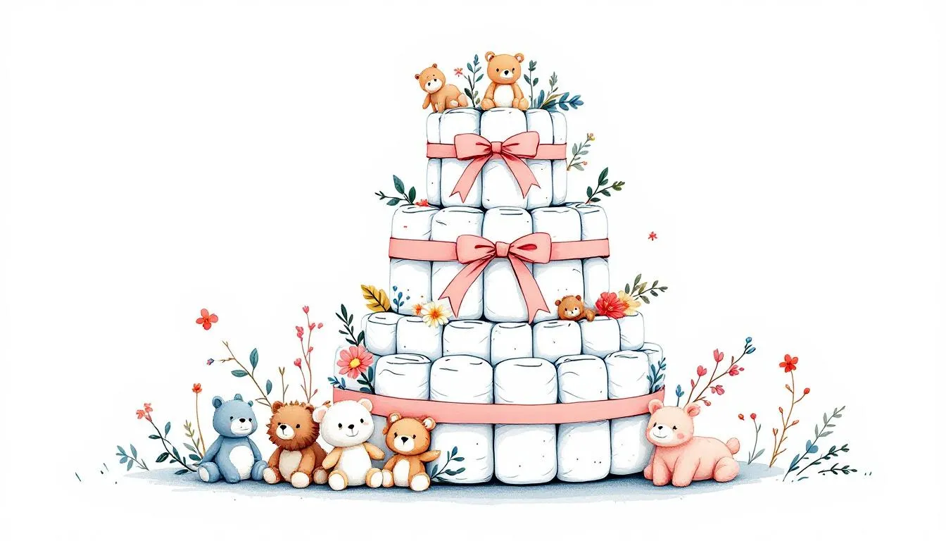 A beautifully crafted DIY diaper cake made from diapers and decorated with ribbons, perfect for baby showers.
