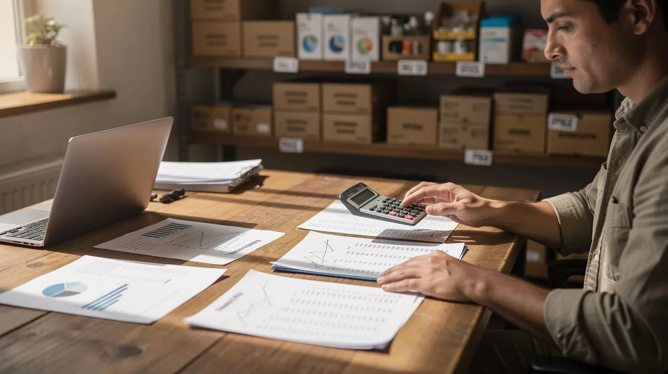 87023397 bedf 455c 823c 8c1244afb3a0 An entrepreneur sits at a desk, deeply focused on reviewing financial documents and using a calculator, with shop inventory visible in the background, highlighting the importance of a detailed business plan for successful retail businesses. This scene reflects the operational efficiency and market research necessary for launching a profitable business venture.