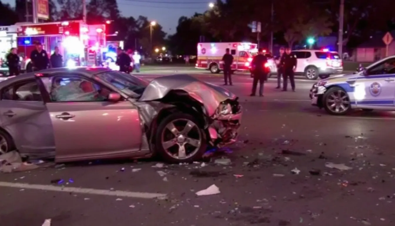 A tragic car accident scene on Pueblo Boulevard shows emergency vehicles, including police and ambulances, responding to the crash, while officers work to manage the situation. The area is marked by the presence of the Pueblo Police Department and reports of injuries, as two people have been transported for medical attention.