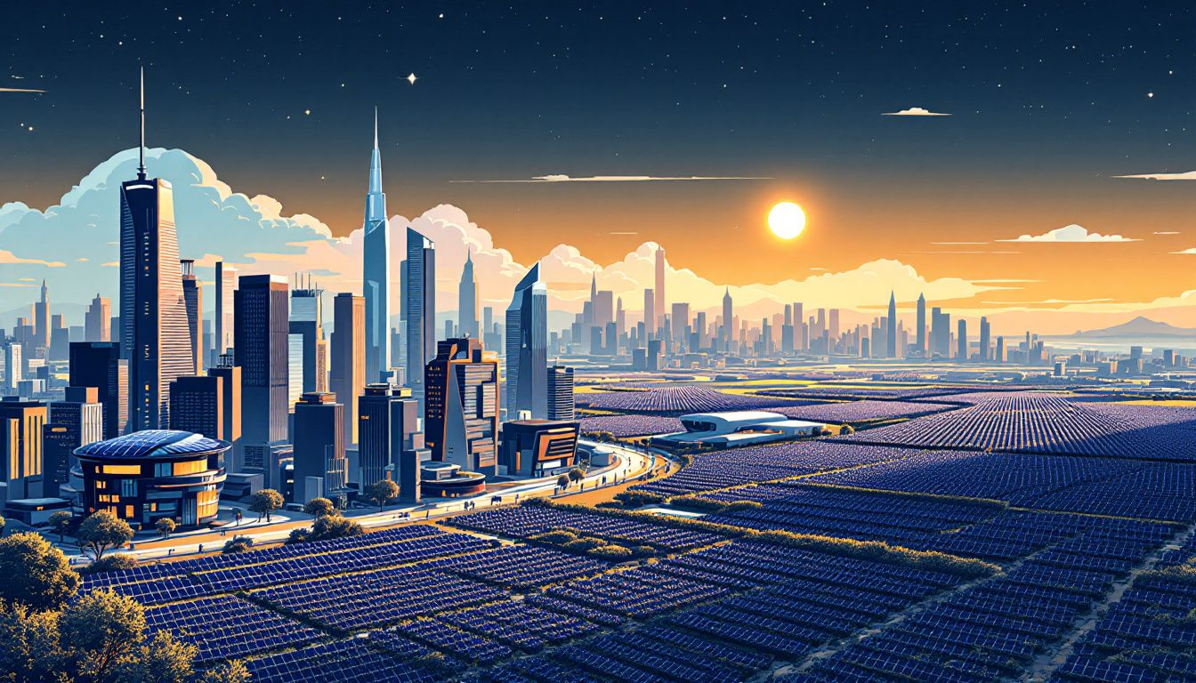 An illustration depicting urban commercial solar systems utilizing limited space effectively.