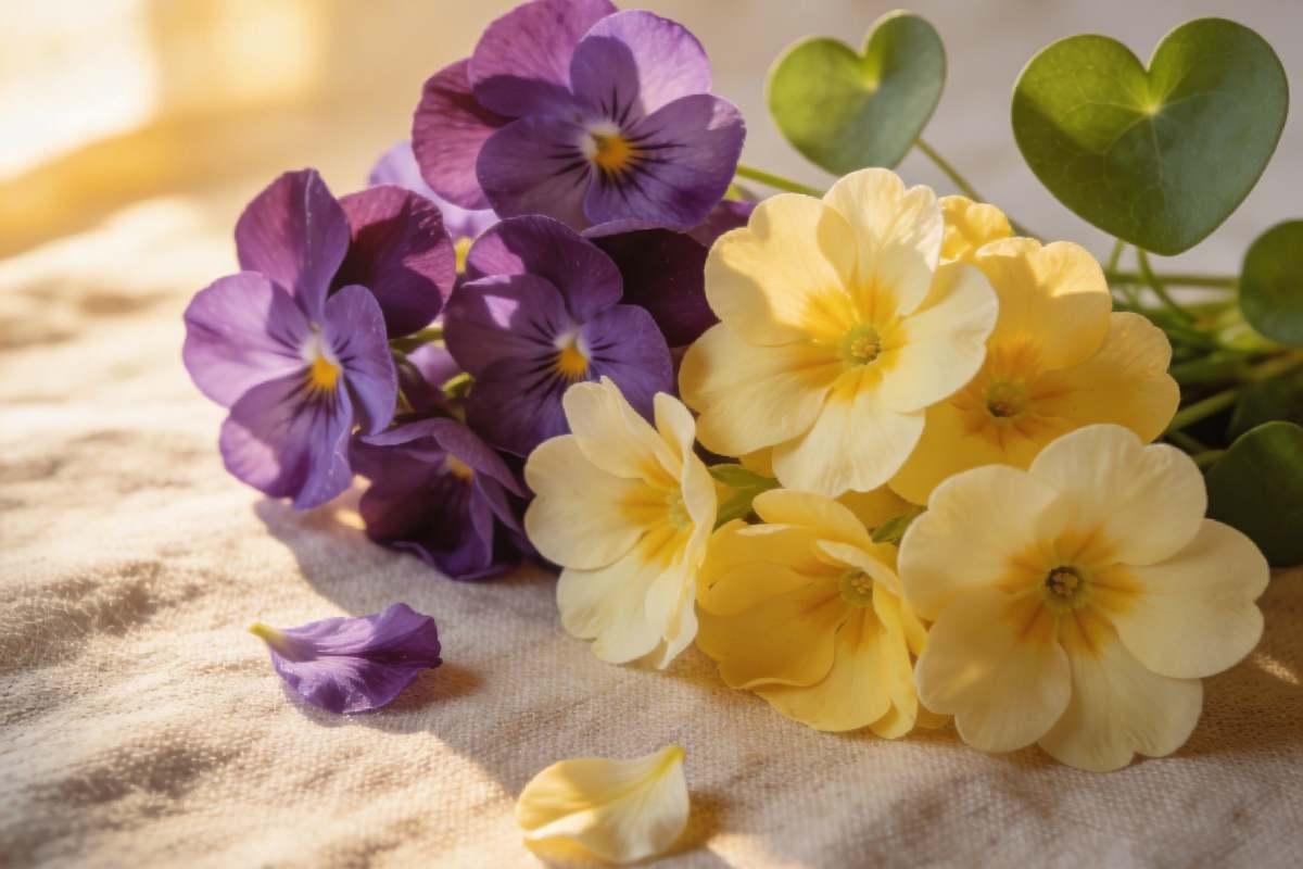 Purple violets and yellow primroses on a linen surface — February birth flowers