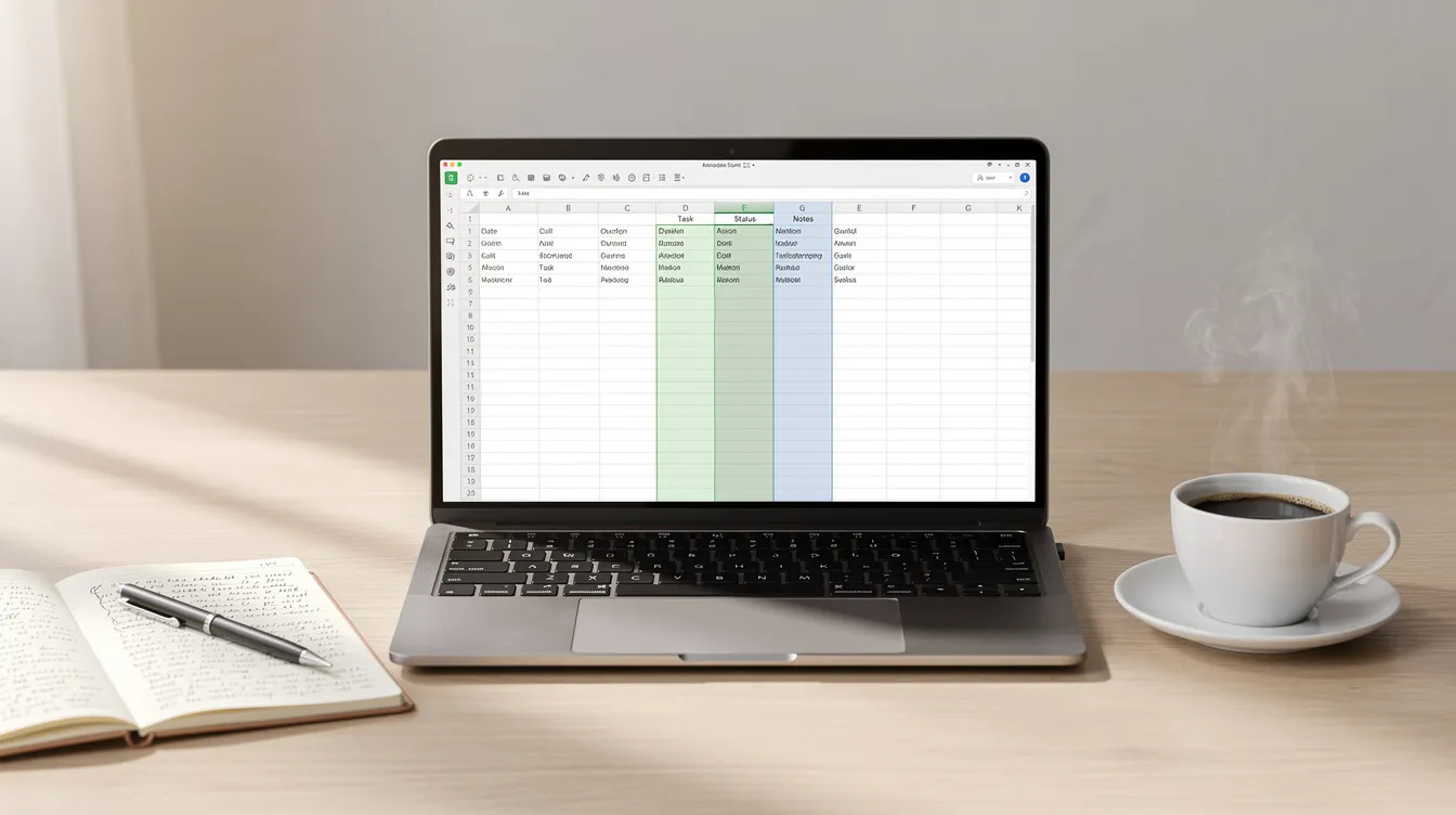 An open laptop displaying a spreadsheet sits on a wooden desk, accompanied by a cup of coffee and a notebook, symbolizing the planning phase of starting a business in Ireland. This scene reflects the importance of market research and developing a solid business plan as part of the entrepreneurial journey.