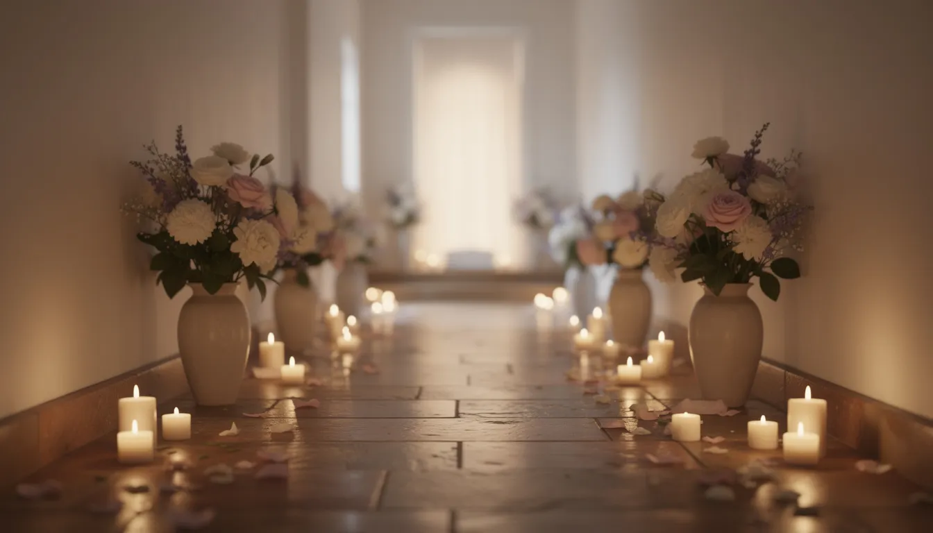 L'image montre un couloir paisible, orné de fleurs délicates et de bougies