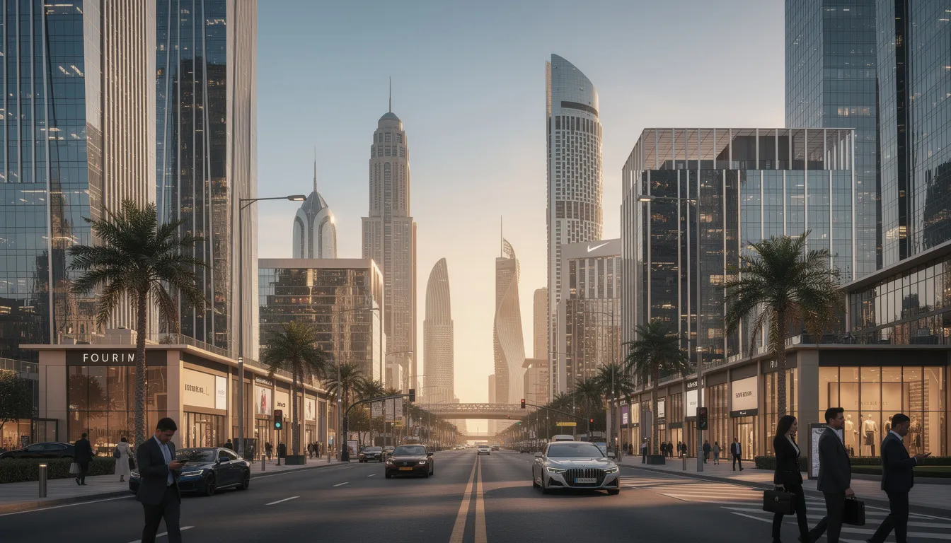 The image depicts a modern business district in Dubai, showcasing towering skyscrapers and sleek commercial buildings that symbolize the UAE's vibrant corporate landscape. This dynamic environment is essential for international businesses and commercial lawyers navigating corporate governance and legal compliance within the region.