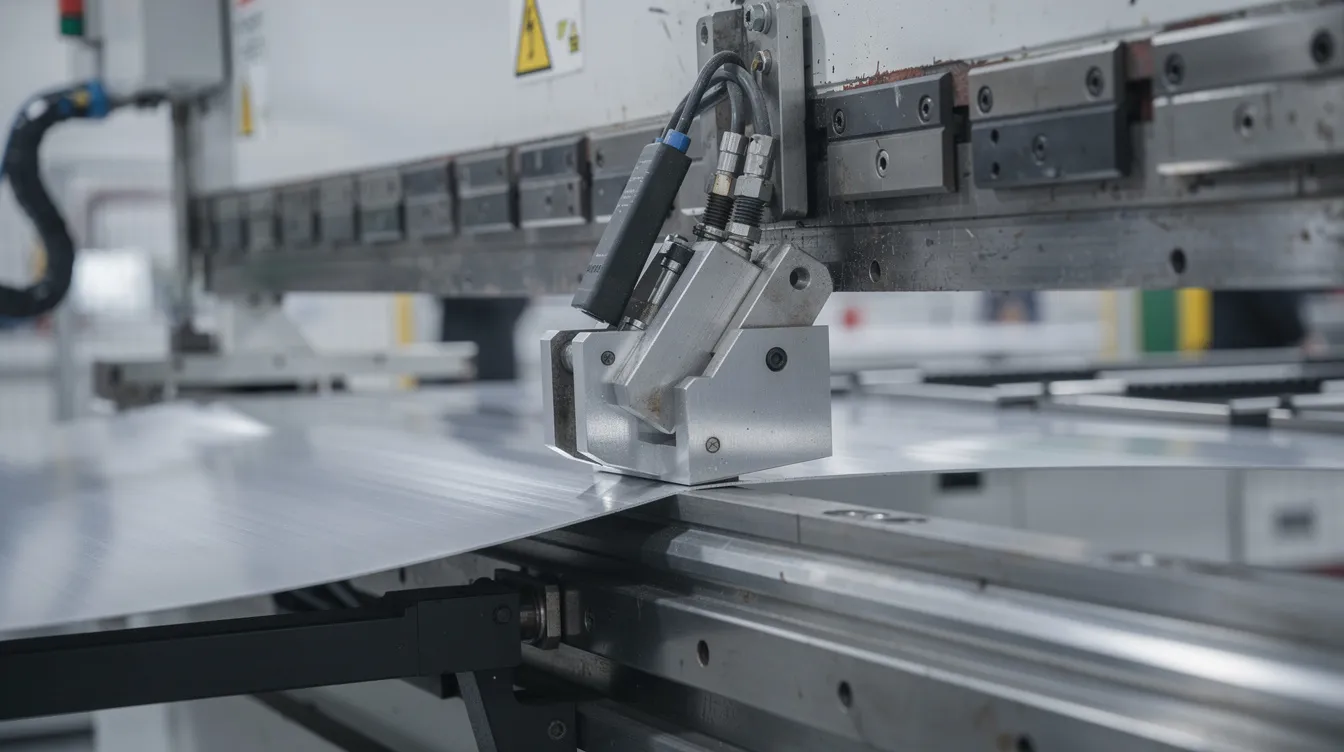 A close-up view of a CNC press brake is shown bending a sheet metal part made of aluminum on a factory floor, highlighting the precision of the forming tools and the intricate design process involved in creating custom sheet metal components. The image captures the bending action, showcasing the material's thickness and the machine's functionality in manufacturing.