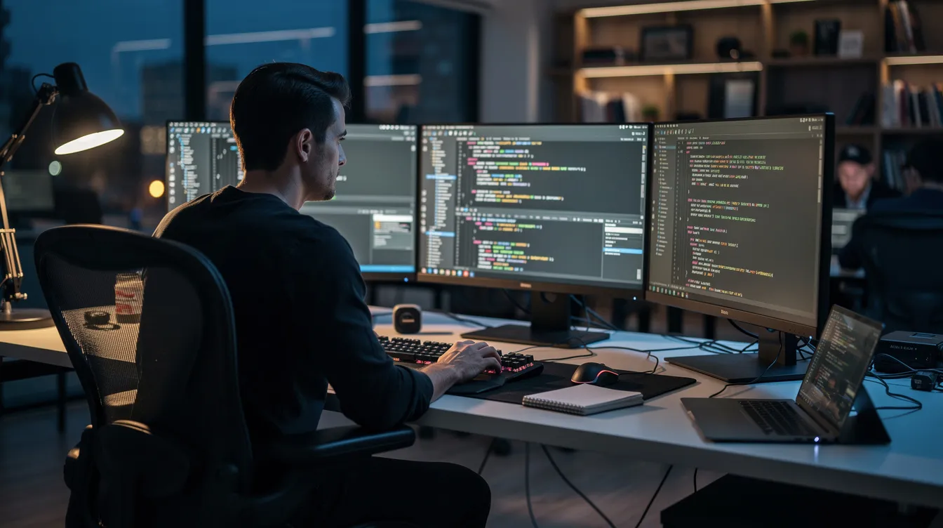 A developer is seated at a coding workstation, surrounded by multiple monitors displaying lines of code and data analysis tools, illustrating the advanced features of software development and the use of generative AI tools for efficient coding. The environment highlights the integration of AI-powered applications that assist in tasks like code generation and content creation.