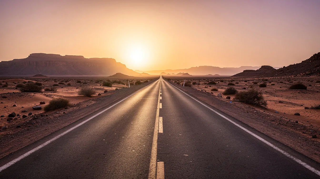 Un'ampia strada asfaltata attraversa un paesaggio desertico marocchino, illuminata dalla calda luce del tramonto. Questa scena evoca la libertà di un viaggio in auto, un'ottima idea per esplorare le meraviglie del Marocco, magari noleggiando una Dacia Logan o una Kia Picanto.