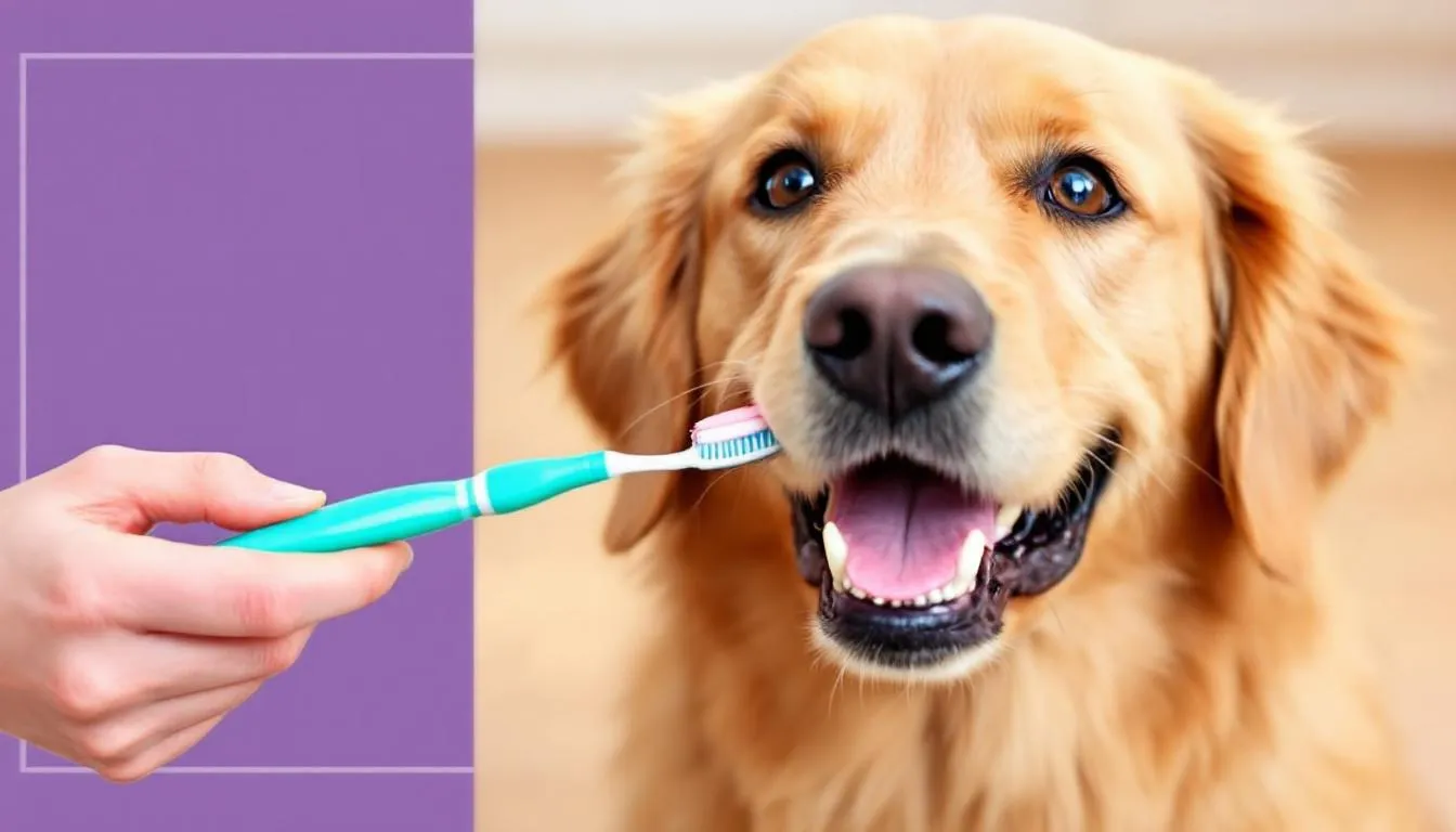 A dog is having its teeth brushed using a proper technique with dog-safe toothpaste, showcasing the importance of proper dental care for both puppies and adult dogs. The scene emphasizes the need for pet owners to maintain their furry friend