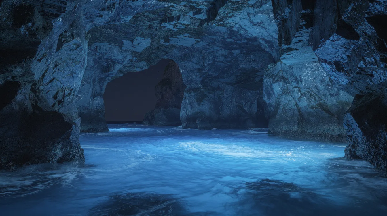 A imagem mostra uma gruta marinha iluminada por uma intensa luz azul, que se reflete nas águas ao redor, criando um ambiente mágico e sereno. Esse cenário impressionante é típico do Caribe, especialmente em destinos como Curaçao, onde a beleza natural e a vida marinha se encontram em harmonia.