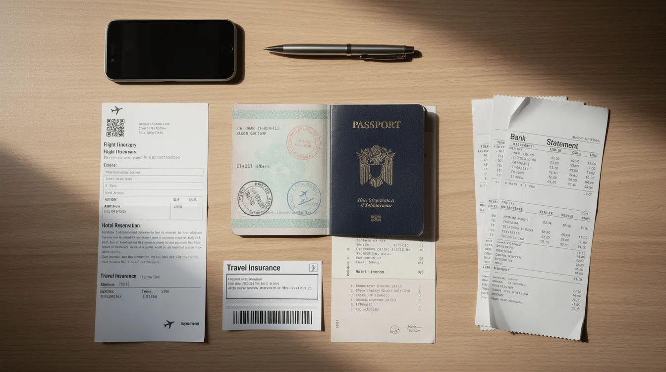 The image shows a neatly arranged collection of travel documents, including a passport, printed visa application forms, and bank statements, all placed on a wooden desk. This setup highlights the essential paperwork needed for the visa process, which is crucial for applicants planning their intended travel date to the UK or other countries.
