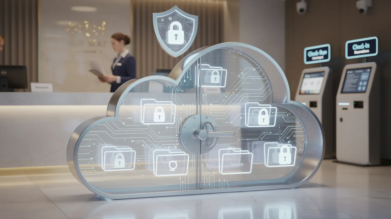 The image depicts a hotel reception area with a secure digital document storage solution prominently displayed, symbolizing effective contract management in the hospitality industry. This concept highlights the importance of managing contracts efficiently, ensuring legal compliance, and enhancing operational efficiency through advanced contract management software.