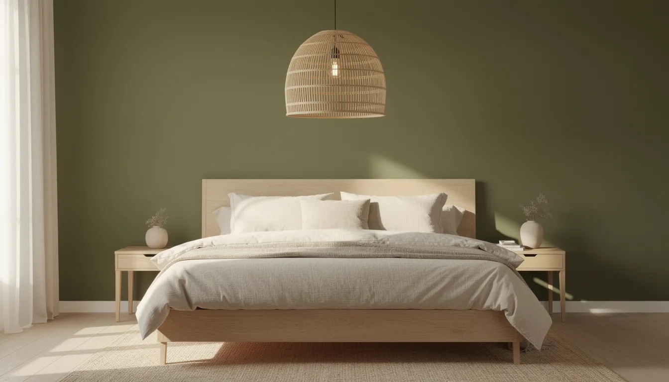 Een sfeervolle slaapkamer met een olijfgroene accentmuur achter een houten bed, dat is opgemaakt met beige beddengoed. De ruimte wordt verlicht door een rieten hanglamp, wat bijdraagt aan de rustige sfeer van deze droom slaapkamer.