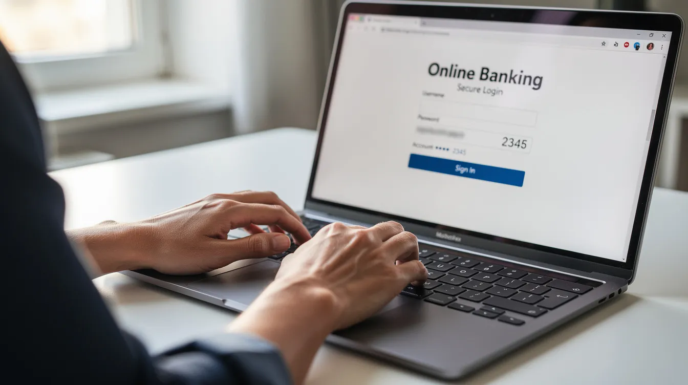 A person's hands on a laptop keyboard, entering banking information, possibly for filing and paying sales taxes electronically.