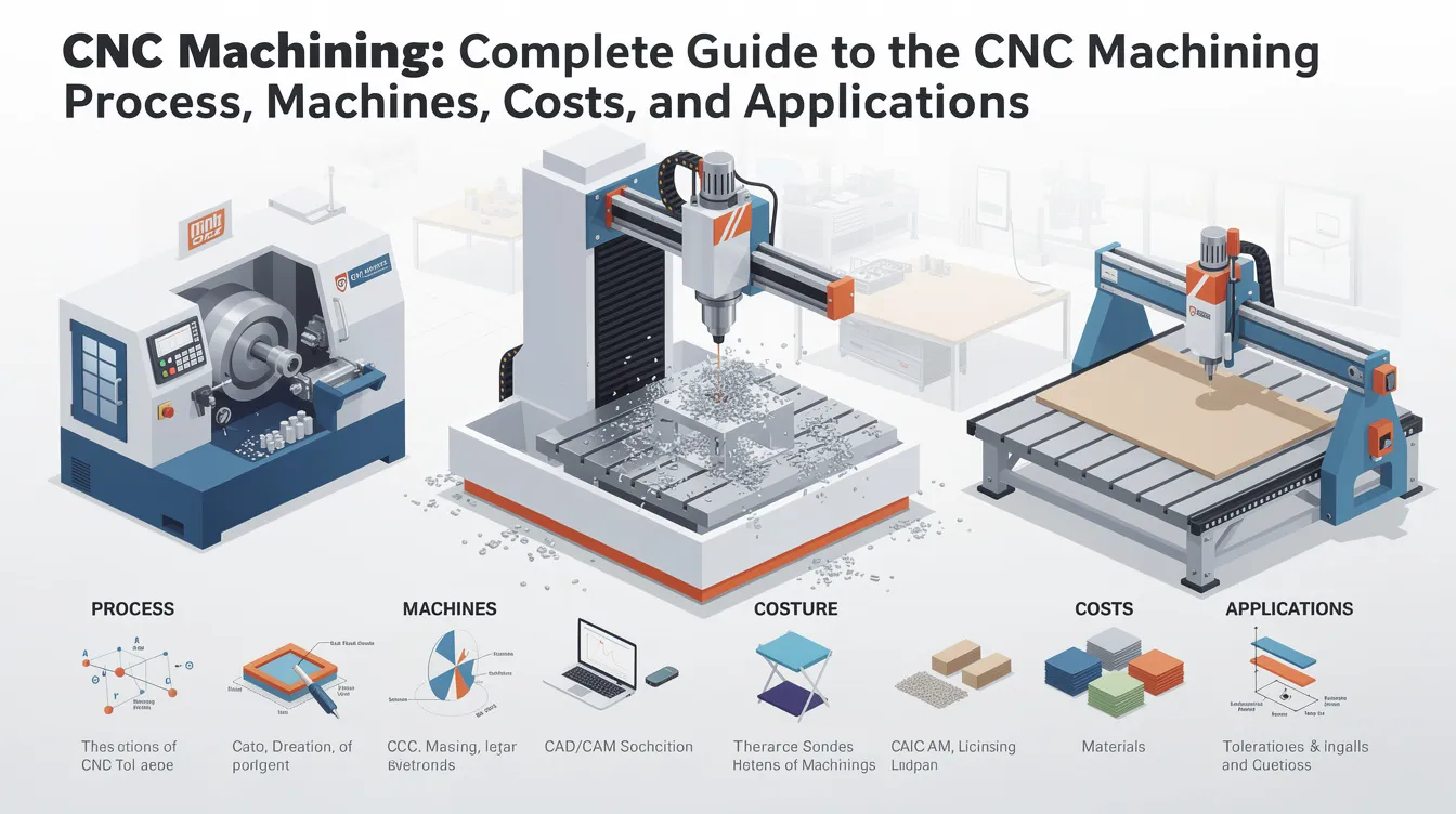 The image depicts a modern CNC machining setup, showcasing various CNC machines such as lathes and milling machines, equipped with computer numerical control technology for precision machining. The scene illustrates the intricate CNC machining process, highlighting the use of computer-aided design and manufacturing software to create complex parts with extreme precision.