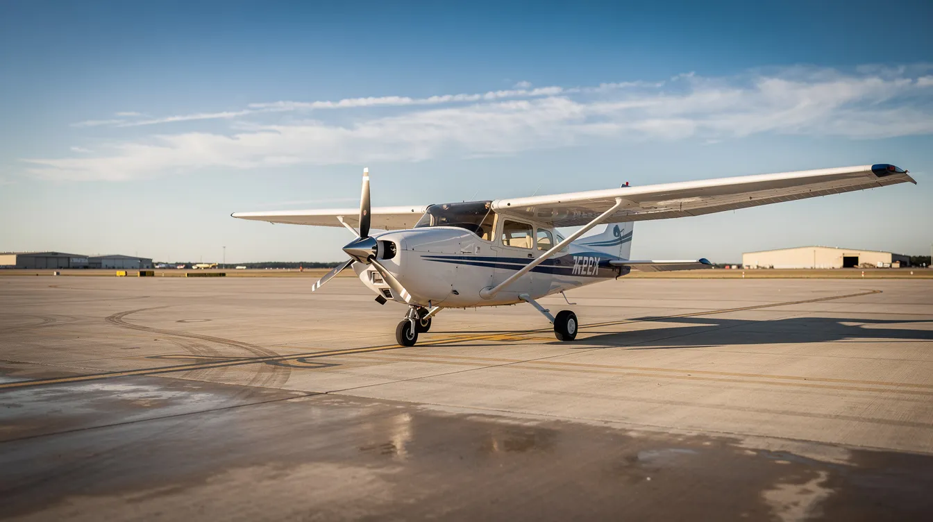 A single-engine Cessna airplane is parked on a sunlit tarmac, with a clear blue sky in the background, ready for flight training or a solo flight. This powered aircraft, designed for commercial pilot training, showcases its retractable landing gear and is positioned near an operating control tower.