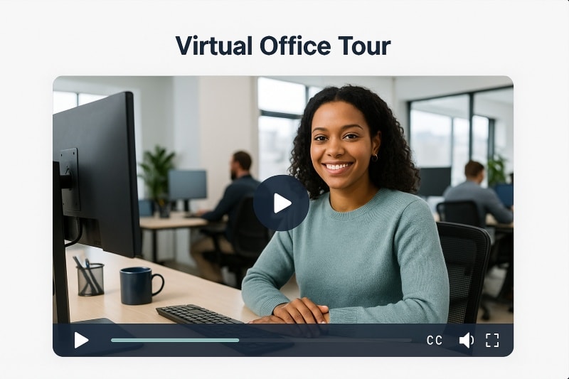 Screenshot of a paused virtual office tour video. A professional woman with curly hair, wearing a soft teal sweater, smiles at the camera while seated at her desk in a modern, open office space. The video player interface shows a play button in the center, with controls along the bottom. The background features large windows, natural light, and other team members working at their desks. The scene conveys a welcoming, behind-the-scenes look into a professional workplace.