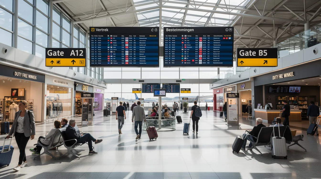 Een drukke luchthaventerminal met passagiers die door de internationale zone lopen, omringd door borden die de verschillende gates en winkels aangeven. De sfeer is levendig, met mensen die zich voorbereiden op hun volgende vlucht, terwijl ze de officiële bewegwijzering volgen.