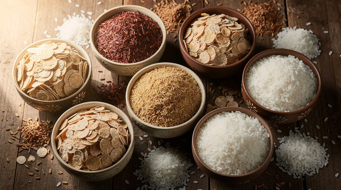 870f9e54 f92a 4c63 b9ab 4a58b25153a2 The image displays various grades and types of rice flakes, also known as flattened rice or poha, beautifully arranged in ceramic bowls on a rustic wooden surface. This visual highlights the diversity of rice flakes, which are essential raw materials in the food processing industry, particularly for those interested in starting a poha manufacturing business.