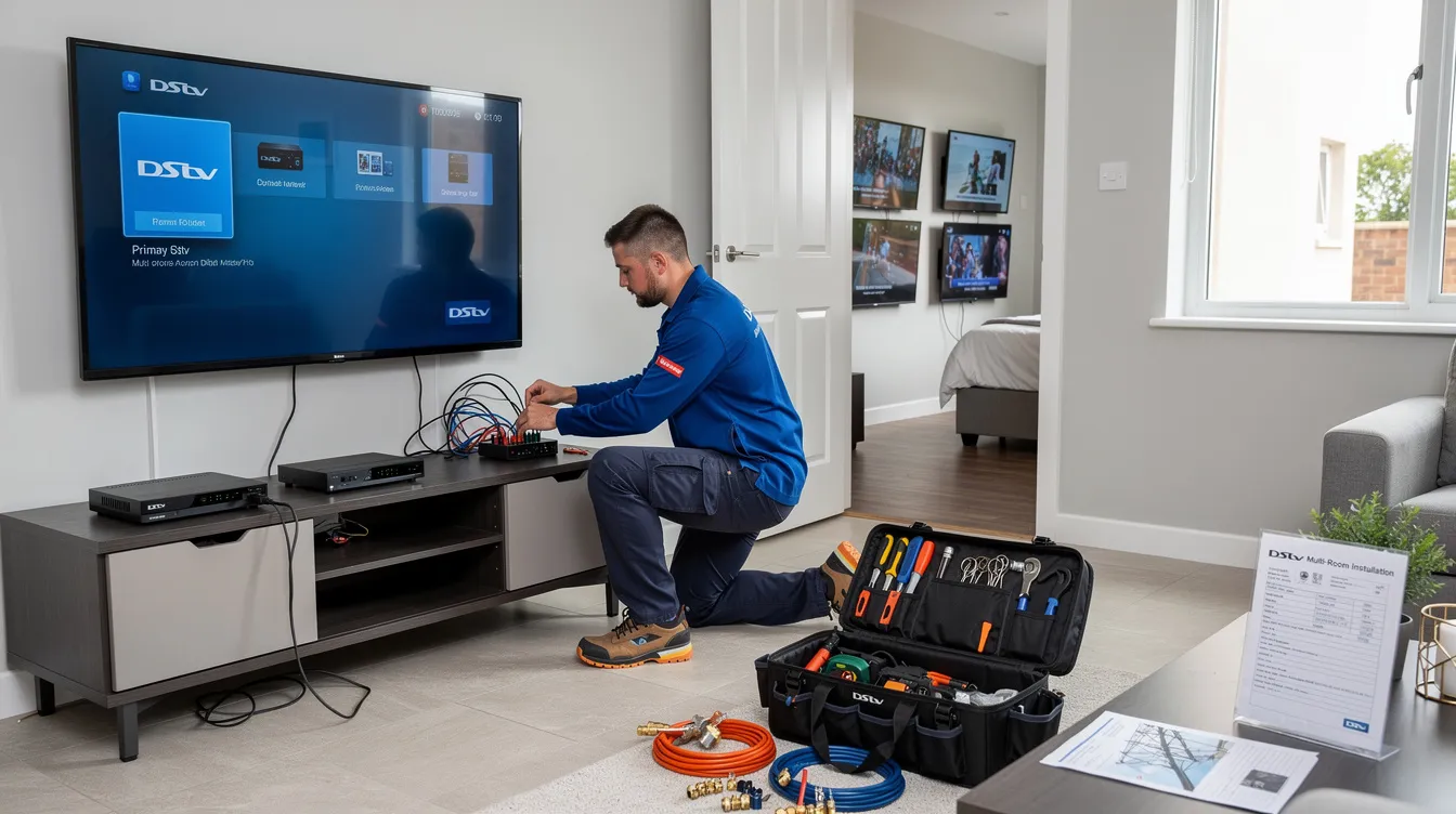 A professional DStv installer is seen completing a multi-room decoder installation, setting up a primary decoder and a secondary decoder for a seamless viewing experience. The installation includes connecting the latest DStv Explora with a smart LNB and coaxial cables to ensure access to a variety of TV channels for the whole family.