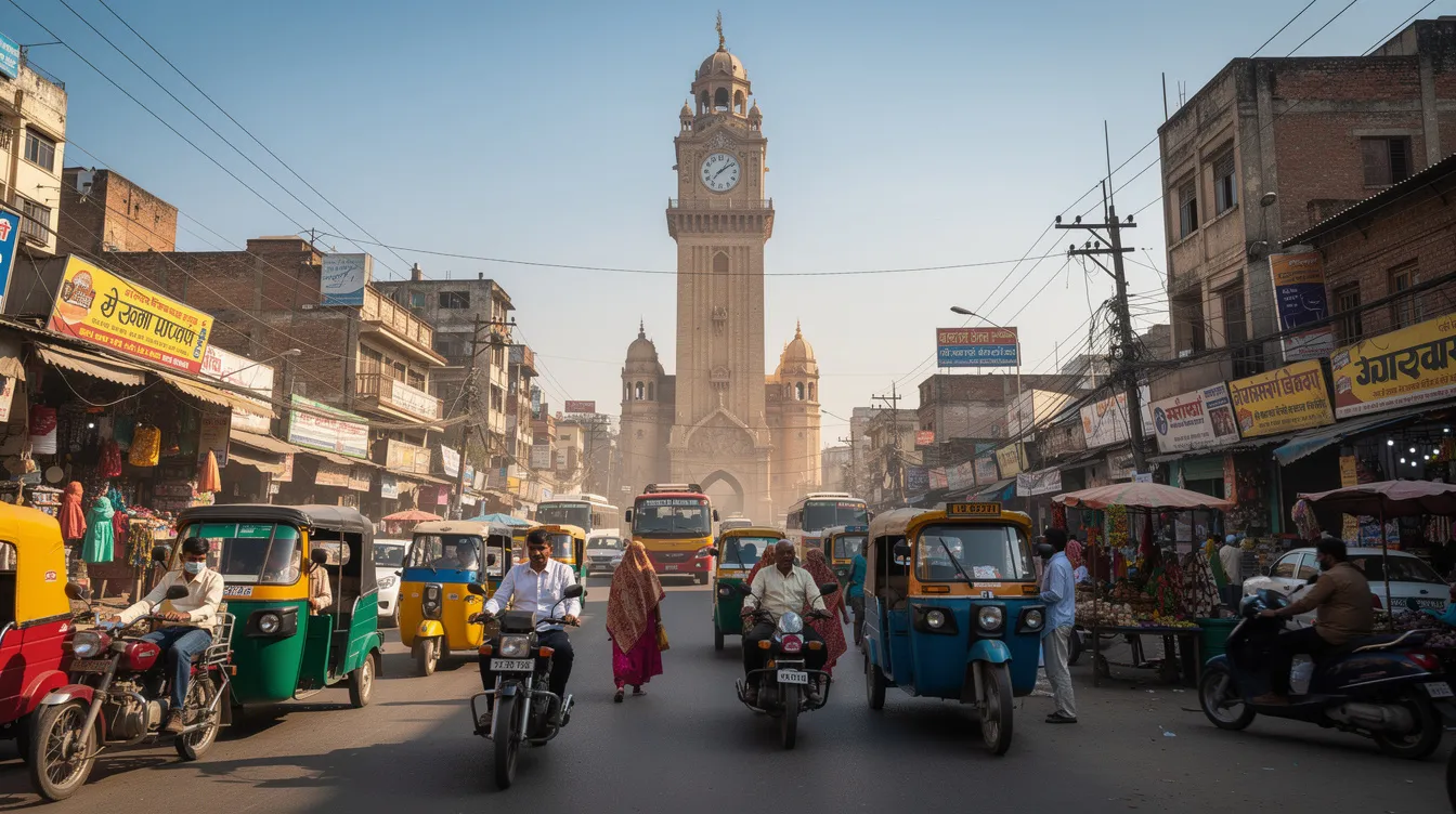 The image depicts a bustling street in an Indian city, featuring a prominent clock tower against a clear blue sky. This scene reflects the vibrant atmosphere of urban life in India, where the local time is typically 5 hours and 30 minutes ahead of the United Kingdom's GMT.