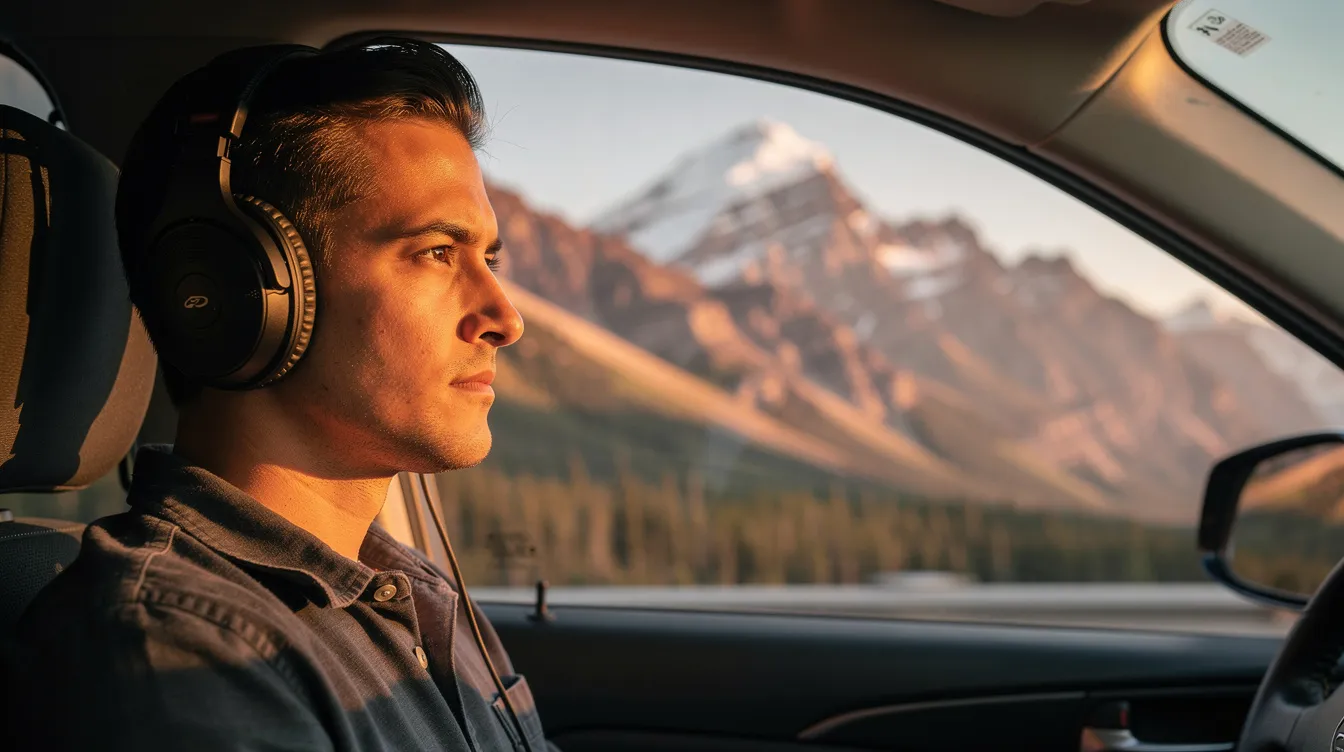 A passenger wearing headphones gazes out of a car window, taking in the breathtaking mountain landscape bathed in golden hour light. This serene moment captures the essence of enjoying a long road trip, reminding travelers to plan ahead and remain comfortable during their journey.