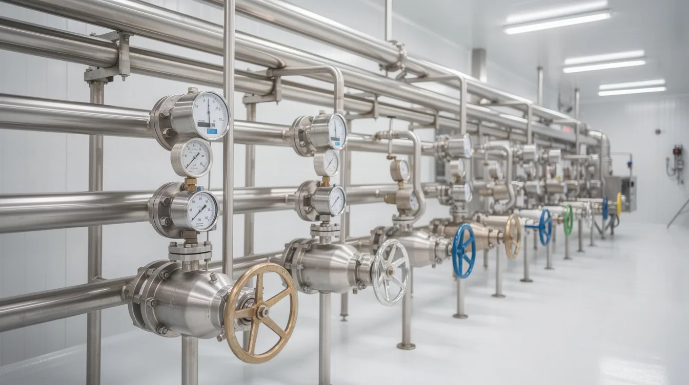 87138b9c b1ba 44c8 843d 26829c2635e8 The image depicts a stainless steel dairy processing pipeline system featuring valves and gauges, set within a clean manufacturing environment. This aseptic processing setup is designed for the efficient production of dairy products, ensuring food safety and extending shelf life through advanced aseptic technology.