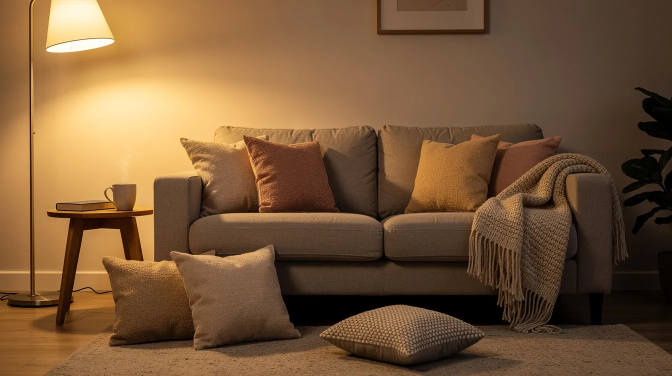 En mysig hörn av ett vardagsrum med en mjuk beige soffa, dekorerad med kuddar, samt en golvlampa och ett sidobord. Detta utrymme erbjuder en inbjudande atmosfär för avkoppling och komfort.