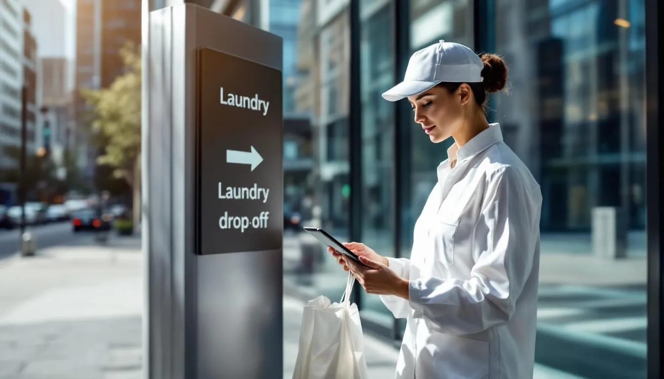 A delivery service for laundry, with a driver picking up laundry bags.