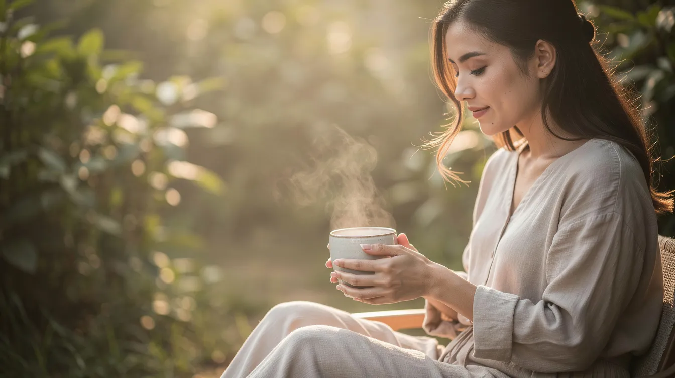 Une femme sereine tient une tasse de tisane dans un cadre naturel apaisant, symbolisant un moment de bien-être et de relaxation, idéal pour atténuer les symptômes du syndrome prémenstruel. Cette scène évoque l'importance de prendre soin de soi durant les jours avant les règles et de trouver des solutions pour soulager les symptômes physiques et émotionnels.