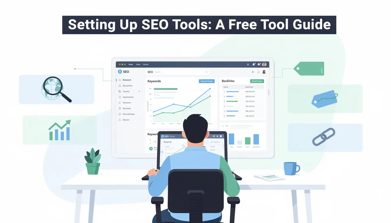 The image depicts a guide titled "Setting Up SEO Tools: A Free Tool Guide," featuring various SEO tools like Google Search Console and Google Analytics. It illustrates key elements of search engine optimization, including a checklist for website owners to enhance search rankings and improve site speed, while effectively helping search engines understand web pages and search queries.