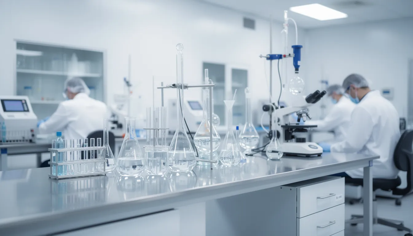 Das Bild zeigt ein modernes Labor mit verschiedenen Glaskolben und chemischen Apparaturen, die für die Forschung an Cannabinoiden wie THC und THCP verwendet werden. Auf einem Tisch sind mehrere chemische Substanzen und Geräte zu sehen, die auf die Herstellung von Cannabisprodukten hinweisen.