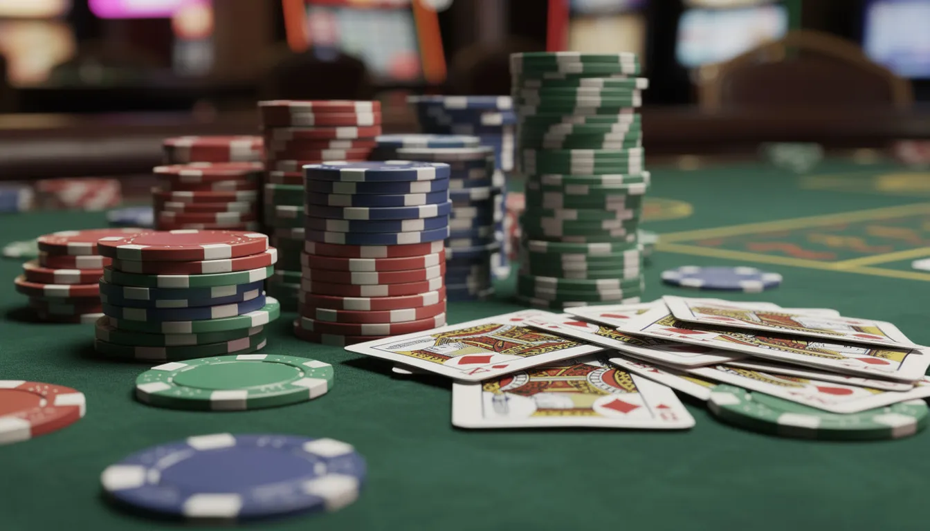 Sobre una mesa de juego con fieltro verde, hay fichas de casino coloridas apiladas junto a cartas de póker, creando un ambiente típico de los mejores casinos en España. La imagen evoca la emoción de los juegos de azar y la variedad de juegos disponibles en los casinos internacionales.