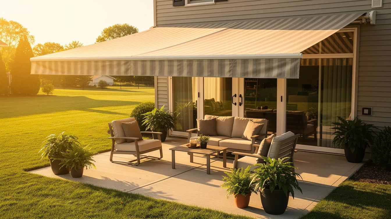 The image depicts a suburban home's patio featuring a deployed retractable awning that effectively blocks direct sunlight, creating a cool and comfortable outdoor space. The warm sunlight illuminates the lawn outside, while the shaded patio is furnished with outdoor seating and adorned with plants, showcasing a perfect setting for relaxation.
