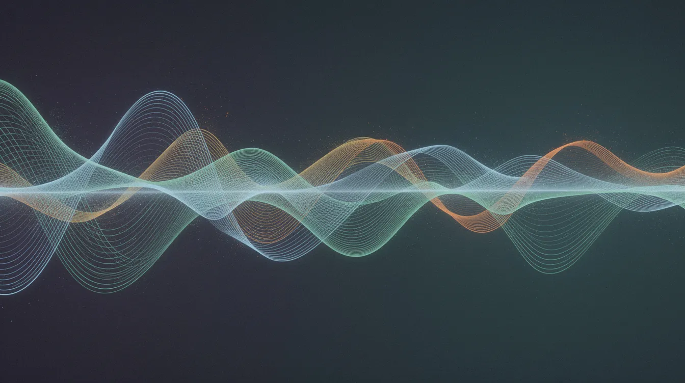 An abstract visualization showcases smooth, flowing wave patterns in vibrant blue, green, and orange tones, symbolizing various brain wave frequencies. This colorful representation highlights the concept of brain mapping and the intricate brain wave activity associated with neurofeedback training and mental health.