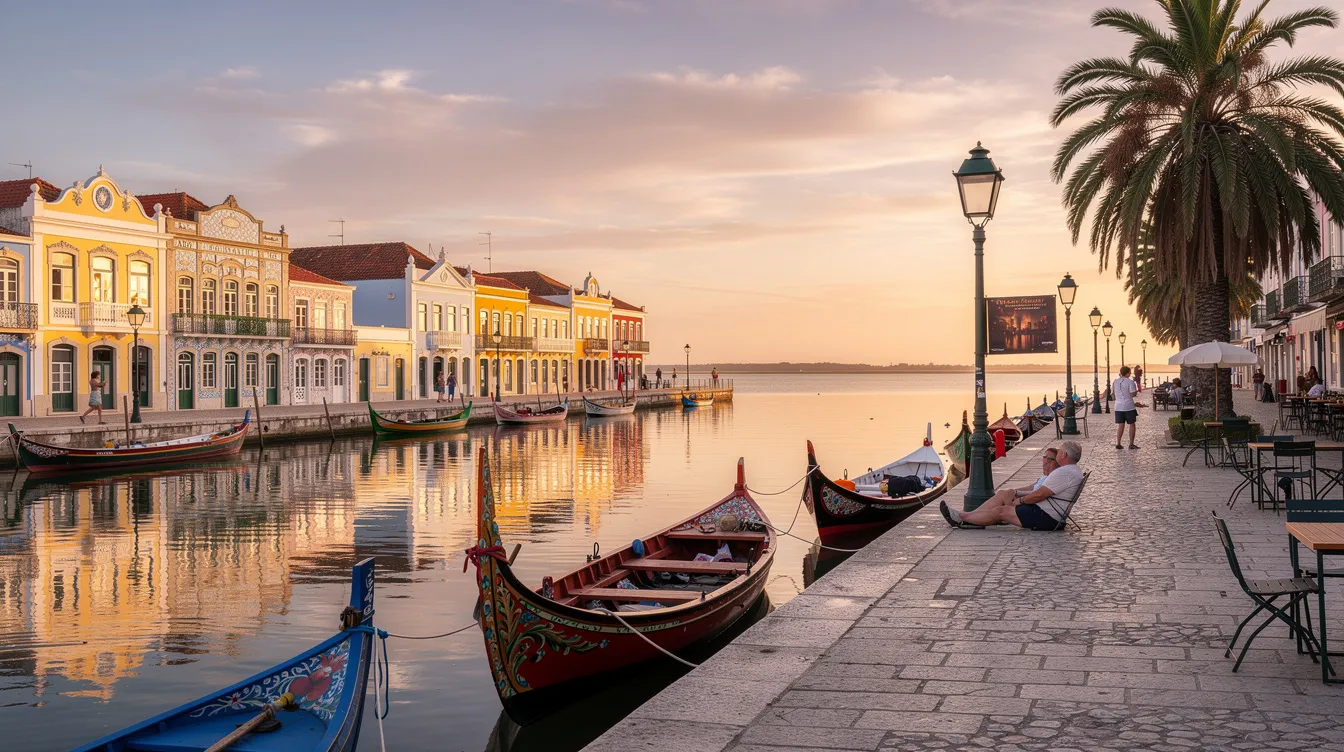 A imagem retrata a cidade de Aveiro, em Portugal, conhecida por seus canais e os coloridos barcos moliceiros. Ao fundo, destaca-se a Igreja da Misericórdia, uma obra-prima da arte barroca, enquanto o céu azul complementa a tranquilidade do centro histórico da cidade.
