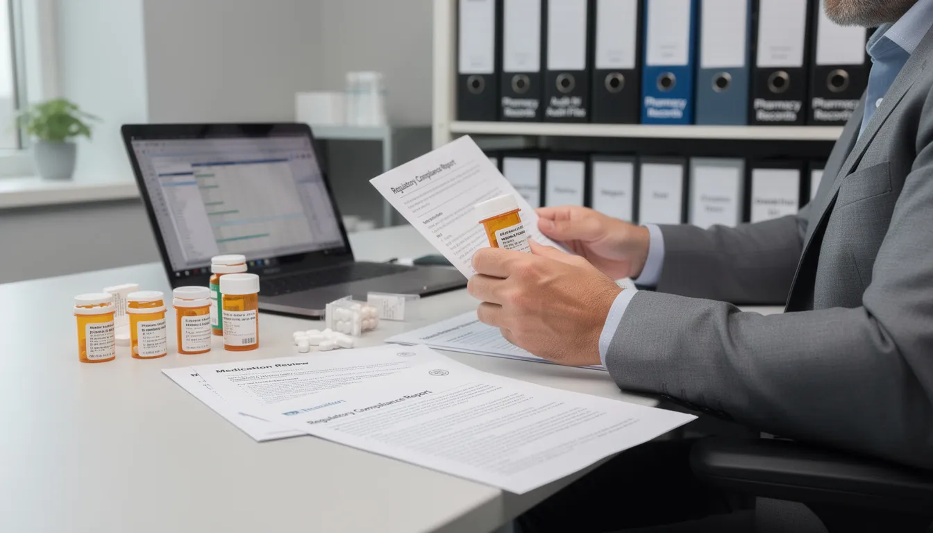 A person is seated at a desk, carefully reviewing multiple prescription medication bottles alongside regulatory paperwork and documentation related to drug importation. The scene highlights the importance of ensuring compliance with health regulations and understanding the risks associated with personal importation of prescription drug products.