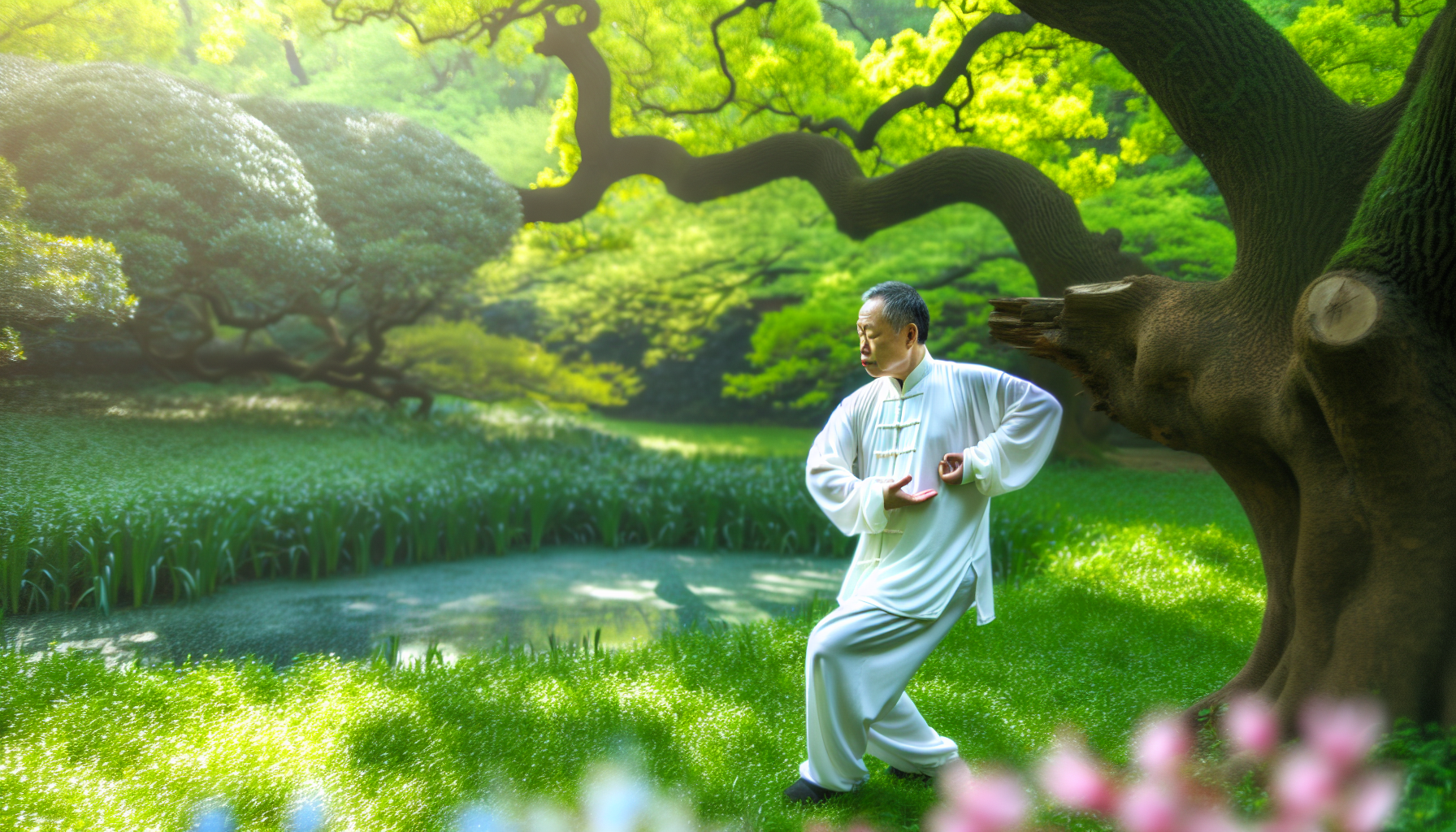 Man in serene field practicing Qigong for vitality and wellness