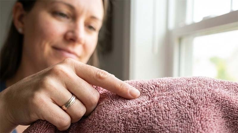 A woman checking the quality of a microfiber towel